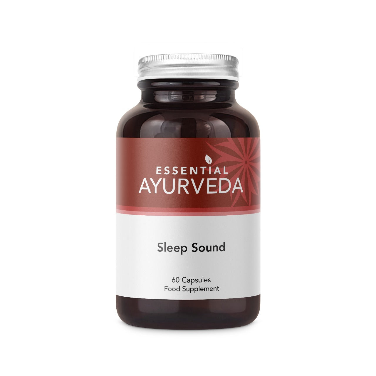 Bottle of Essential Ayurveda Sleep Sound capsules on a white background