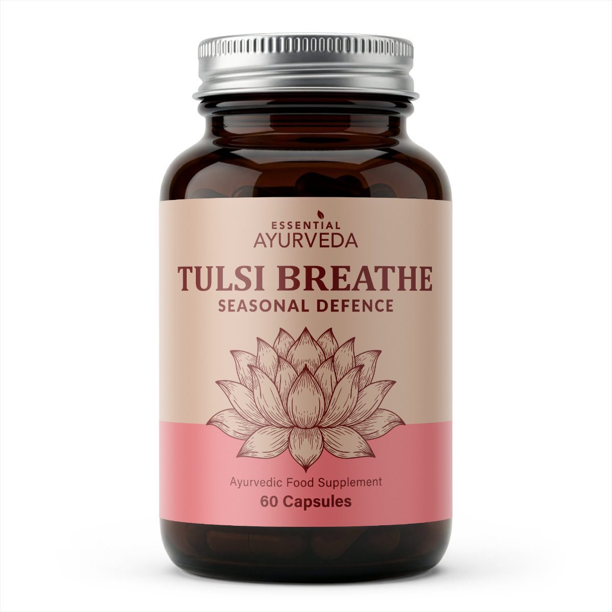 Ayurvedic supplement bottle labeled 'Tulsi Breathe Seasonal Defence' with a pink and brown design on a white background.